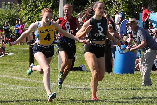Tweed Leader Jed Track's Evie Renwick, a 16-year-old competing in her first senior race, winning the 90m open at 2023's Earlston Border Games in a time of 9.74 seconds, from a 15.5m mark