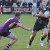 Lee Armstrong on the ball for Hawick during their 21-15 win at home at Mansfield Park to Marr in rugby's Scottish Premiership on Saturday (Photo: Malcolm Grant)