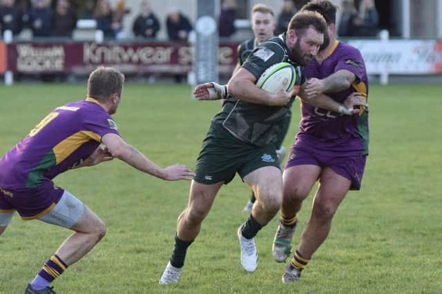 Lee Armstrong on the ball for Hawick during their 21-15 win at home at Mansfield Park to Marr in rugby's Scottish Premiership on Saturday (Photo: Malcolm Grant)