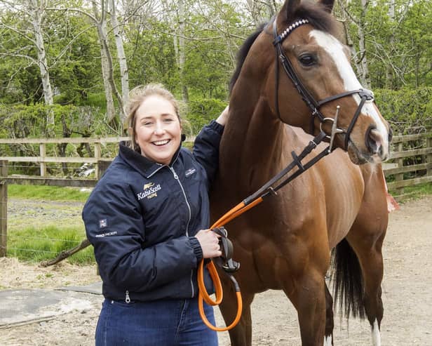 Lindean racehorse trainer Katie Scott with Colinton, one of today's runners at Musselburgh (Photo: Bill McBurnie)