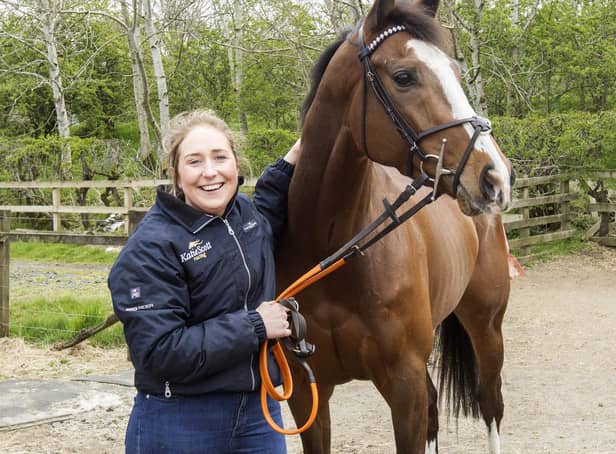 Lindean racehorse trainer Katie Scott with Colinton, one of today's runners at Musselburgh (Photo: Bill McBurnie)