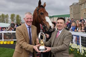 Scottish rugby legend John Jeffrey and former jockey Peter Scudamore at Kelso Racecourse on Monday with 2023 Grand National winner Corach Rambler, trained by the latter's partner, Lucinda Russell (Pic: John Grossick/Kelso Races)