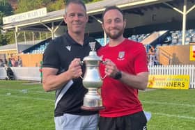 Outgoing Kelso head coach Kevin Utterson, left, and fellow coach Murray Hastie celebrating their Kings of the 7s title win at Jedburgh on Saturday (Photo: Kelso RFC)