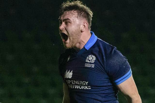 Scotland's Rudi Brown celebrating after scoring an Under-20 Six Nations try against England at London's Twickenham Stoop in February (Photo by Craig Williamson/SNS Group/SRU)