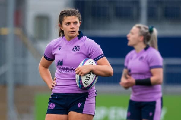 Lisa Thomson in action for Scotland during their Women's Six Nations match versus Italy at Edinburgh's DAM Health Stadium in April (Photo by Ross Parker/SNS Group/SRU)