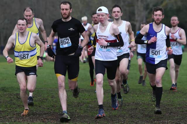 Senior male runners including Lauderdale Limper Marc Wilkinson, far left, in action in the Borders Cross-Country Series' concluding Peebles round on Sunday (Photo: Steve Cox)