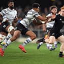 Finlay Christie charging forward during the test match between the New Zealand All Blacks and Fiji at Forsyth Barr Stadium on Saturday, July 10, 2021, in Dunedin in New Zealand (Photo by Kai Schwoerer/Getty Images)