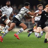 Finlay Christie charging forward during the test match between the New Zealand All Blacks and Fiji at Forsyth Barr Stadium on Saturday, July 10, 2021, in Dunedin in New Zealand (Photo by Kai Schwoerer/Getty Images)