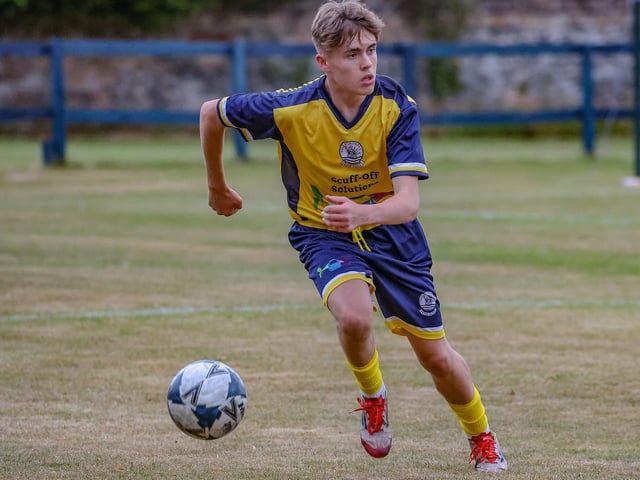 Andrew Millar on the ball for Vale of Leithen under-20s during their first game ever, a 6-1 friendly defeat at home to Dunbar United under-20s last Friday at Victoria Park in Innerleithen (Photo: Hilary Isaac)