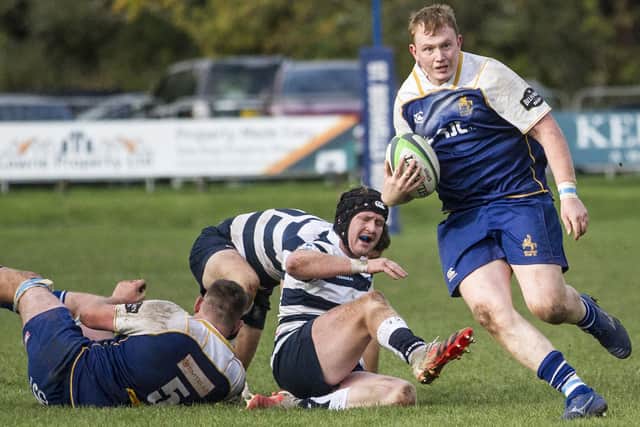 Grant Paxton on the charge for Jed-Forest against Heriot's Blues at Jedburgh's Riverside Park on Saturday (Pic: Bill McBurnie)