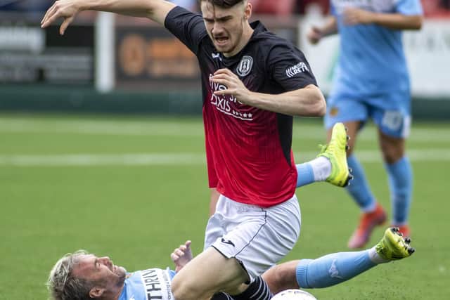 Gala Fairydean Rovers' Sam Nicolson being fouled during Saturday's 2-0 home defeat by Berwick Rangers (Pic: Thomas Brown)