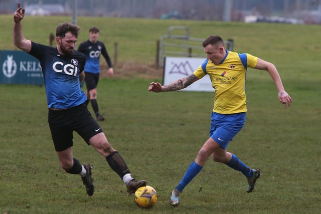Ancrum and Lauder vying for the ball at the former's Bridgend Park home ground on Saturday (Photo: Steve Cox)