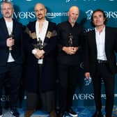 Singer Tim Booth, centre, and fellow James members collecting an award at 2023's Ivors at London's Grosvenor House in May 2023 (Photo by Joe Maher/Getty Images)