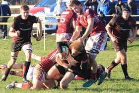 Gala getting a tackle in during their 21-14 defeat at Biggar on Saturday (Photo: Nigel Pacey)