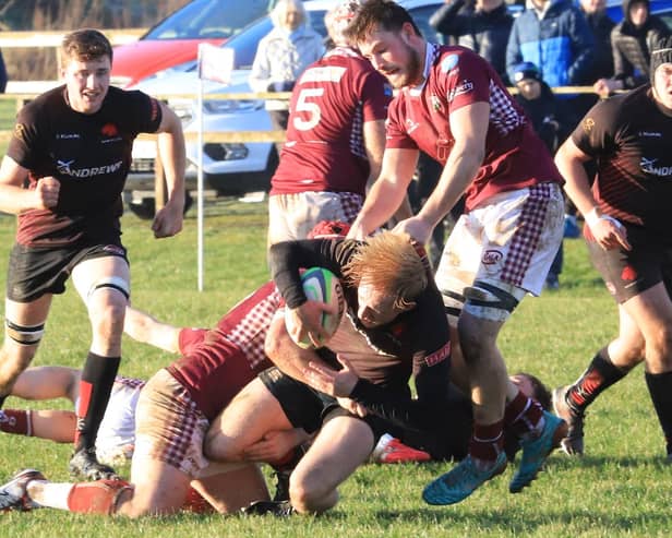 Gala getting a tackle in during their 21-14 defeat at Biggar on Saturday (Photo: Nigel Pacey)