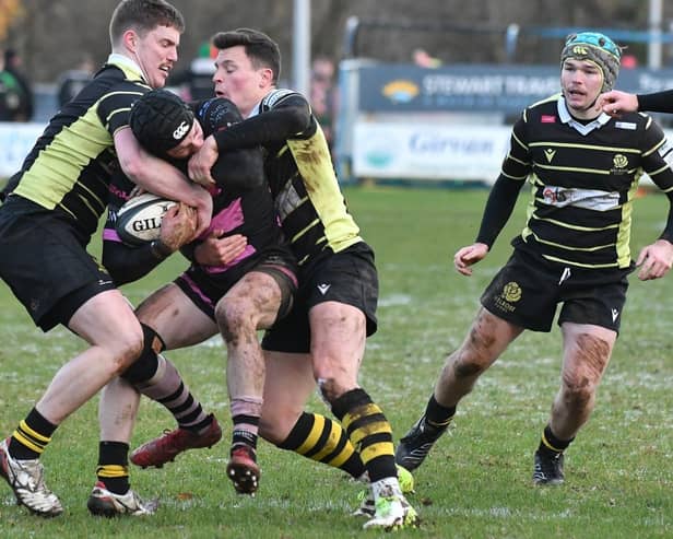 Melrose getting a tackle in during their 69-34 defeat at Ayr on Saturday in rugby's Scottish National League Division 1 (Photo: George McMillan)