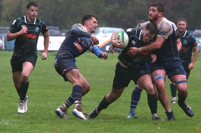 Jed Forest captain Clark Skeldon putting a tackle in against Hawick's Andrew Mitchell during his side's 61-0 home defeat on Saturday (Photo: Steve Cox)