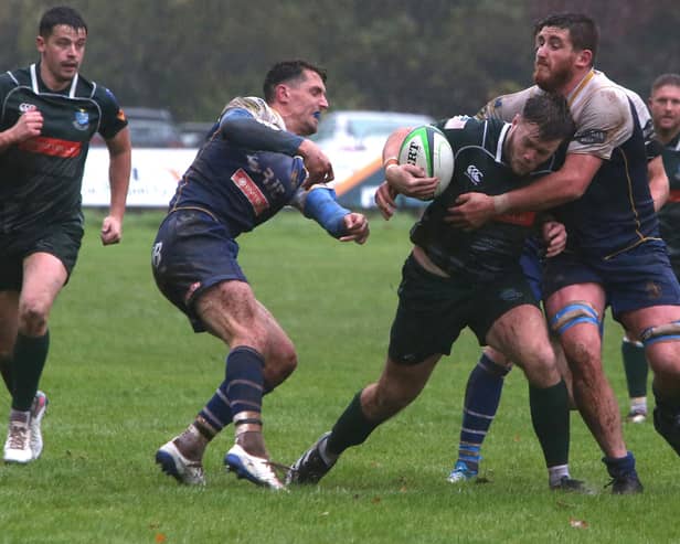 Jed Forest captain Clark Skeldon putting a tackle in against Hawick's Andrew Mitchell during his side's 61-0 home defeat on Saturday (Photo: Steve Cox)