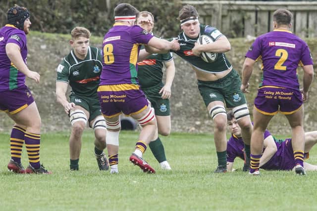 Connor Sutherland in action for Hawick against Marr, supported by Jae Linton and Gareth Welsh, on Saturday (Photo: Bill McBurnie)