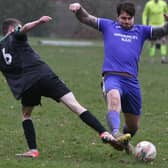 Hawick Waverley and Greenlaw vying for the ball during the former's 3-2 win at home at Wilton Lodge Park on Saturday in the Border Amateur Football Association's A division (Photo: Steve Cox)