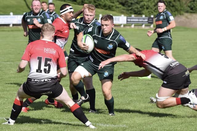 Calum Renwick on the ball for Hawick versus Glasgow Hawks at home at Mansfield Park on Saturday (Photo: Malcolm Grant)