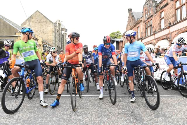 Cyclists getting ready to set off from North Bridge Street in Hawick on Saturday (Picture by SWpix.com)