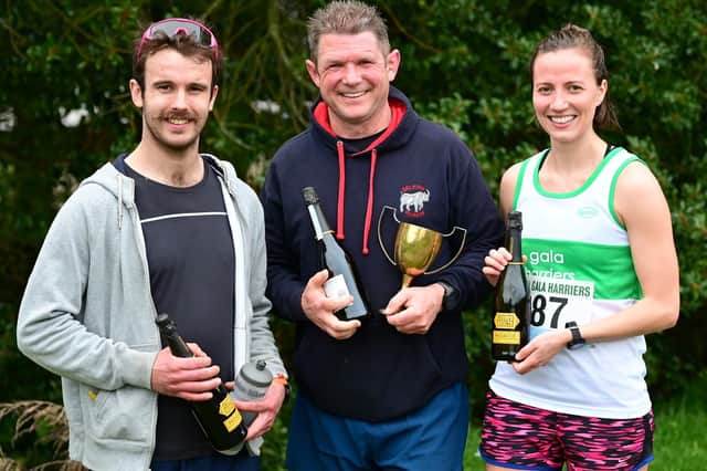 From left, Andrew Hewat, Donald Francis and Rebekka Mitchell after Friday's Hollybush road 10km race at Galashiels (Pic: Neil Renton)