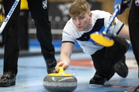 Kelso's Angus Bryce in action at 2022's World Junior Curling Championships in Jonkoping in Sweden (Photo: WCF/Cheyenne Boone)