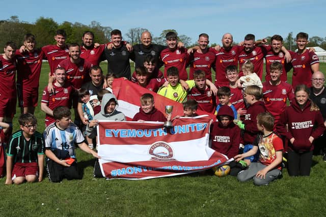 Eyemouth United Amateurs celebrating beating St Boswells 3-0 at Yarrow Park in Selkirk on Saturday to win 2023's Sanderson Cup (Pic: Steve Cox)