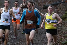 From left, Julian Barrable, Tom Martyn and Marc Wilkinson running in Sunday's senior Borders Cross-Country Series race at Paxton