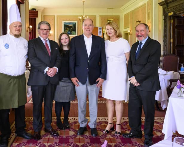 From left: head chef Iain Gourlay, Cringletie owner Bill Cross, manager Victoria Palmer, Prince Albert II of Monaco, owner Ann Cross and Maitre d’hotel Hubert Laforge.