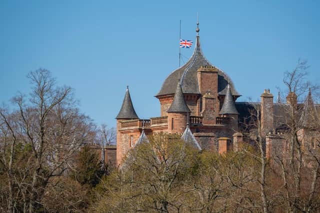 The Union flag flies at half mast on Thirlestane Castle. Prince Philip visited the Maitland-Carew family several times.