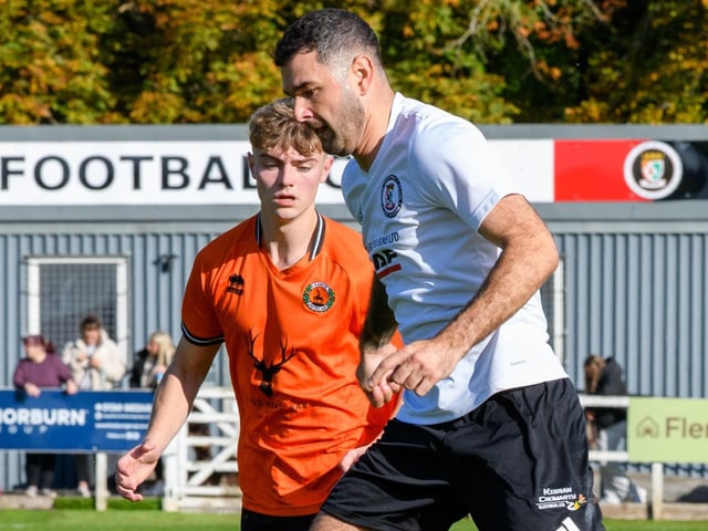 Jordan Yardley in action for Duns Amateurs as they beat Hawick United 9-1 at home in round one of this football season’s Waddell Cup on Saturday (Photo: Alan Raeburn)