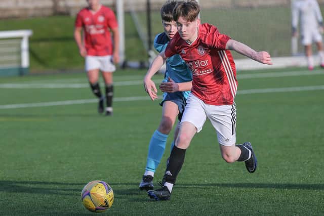 Sam Ostle challenging for the ball during Gala Fairydean Rovers Amateurs' 4-2 loss at home to Lanark's Kirkfield United in the second round of this season's South of Scotland Amateur Cup on Saturday (Photo: Brian Sutherland)