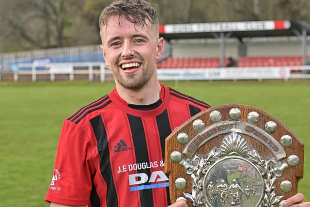 Duns defender Aaron Whellans is celebrating at the double as he's also been named as the town's reiver for this year's summer festival there (Photo: Yid Whellans)