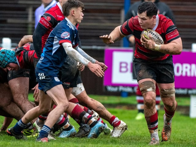 Scrum-half Alfie Lightfoot defending for Selkirk during their 29-12 loss at home to Stirling County at Philiphaugh on Saturday (Photo: Bryan Robertson)