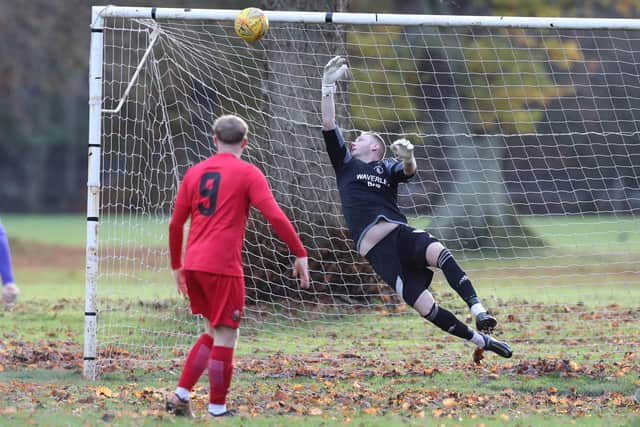 Mikey Gavana opening the scoring for Earlston Rhymers during their 5-3 win at Hawick Waverley in the Border Amateur Football Association's A division on Saturday (Photo: Brian Sutherland)