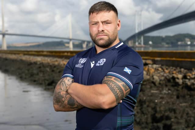 Scotland loosehead prop Rory Sutherland at Wednesday's Rugby World Cup squad announcement at South Queensferry (Photo by Craig Williamson/SNS Group/SRU)