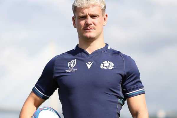 Darcy Graham at Scotland's squad announcement for this year's Rugby World Cup at South Queensferry last month (Photo by Ian MacNicol/Getty Images)