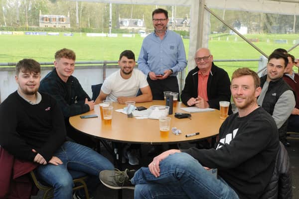 Lewis Saunders, Callum Anderson, James Bett, Jim Harold, Tom Ramage, Aaron McColm and Scott Wight at Selkirk Rugby Club's social event on Saturday (Photo: Grant Kinghorn)