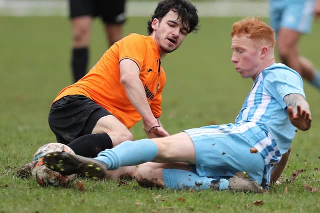 Will Cheskins in action for Leithen Rovers during their 3-2 loss at home to West Barns Star in the South of Scotland Amateur Cup's second round on Saturday (Photo: Brian Sutherland)
