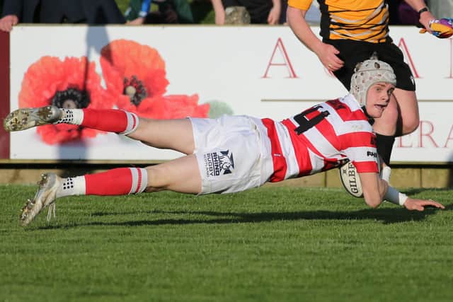 South of Scotland's Dwain Patterson scoring a try against Edinburgh at Netherdale in Galashiels in rugby's first Scottish inter-district championship for 21 years (Photo: Brian Sutherland)