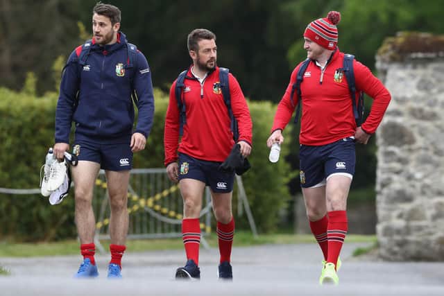 Tommy Seymour, Greig Laidlaw and Stuart Hogg arriving for a British and Irish Lions training session held at Carton House Golf Club on May 22, 2017, in Maynooth, Ireland  (Photo by David Rogers/Getty Images)