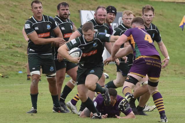 Calum Renwick in possession for Hawick during their 24-5 defeat at Marr on Saturday (Photo: Malcolm Grant)