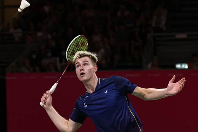 Borderer Callum Smith playing England's Toby Penty in the men's badminton singles round of 16 at the Commonwealth Games in Birminghamlast Friday (Photo by Darren Staples/AFP via Getty Images)
