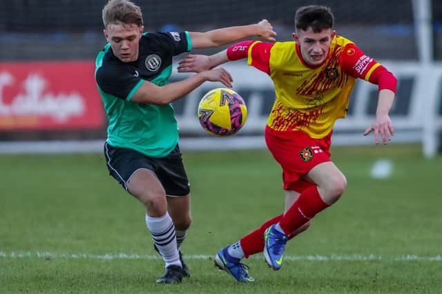 Gala Fairydean Rovers and Albion Rovers vying for possession during the Borderers' 3-0 loss in Coatbridge on Saturday (Pic: Phil Dawson)
