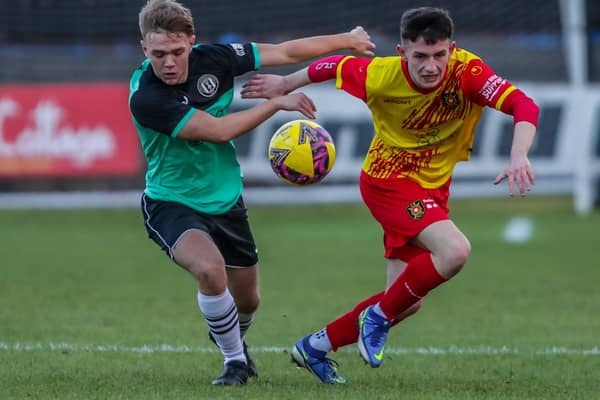Gala Fairydean Rovers and Albion Rovers vying for possession during the Borderers' 3-0 loss in Coatbridge on Saturday (Pic: Phil Dawson)