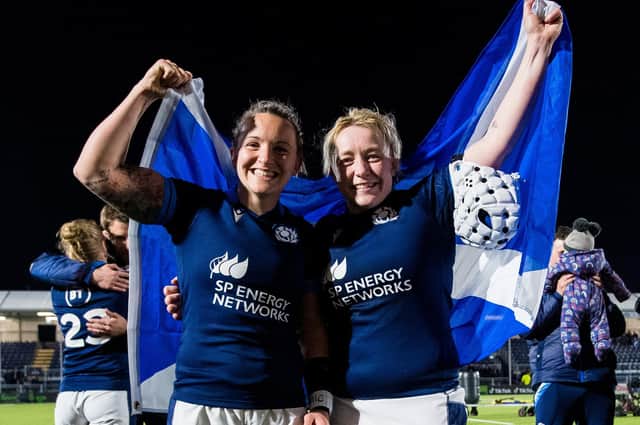 Chloe Rollie, left, and Lana Skeldon celebrating after helping Scotland beat Ireland 36-10 in rugby's Women's Six Nations at Edinburgh's DAM Health Stadium in April (Photo by Ross Parker/SNS Group/SRU)