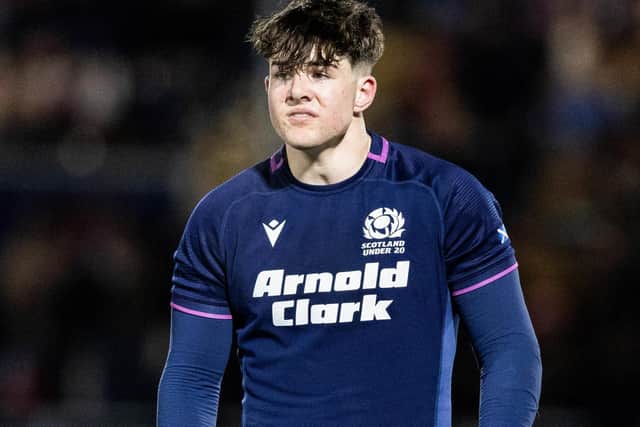 Rory McHaffie on the ball for Scotland’s under-20s during their 45-26 loss at home to France in March at Edinburgh’s Hive Stadium during rugby’s 2026 Under-20 Six Nations (Photo: Ross Parker/SNS Group/SRU)