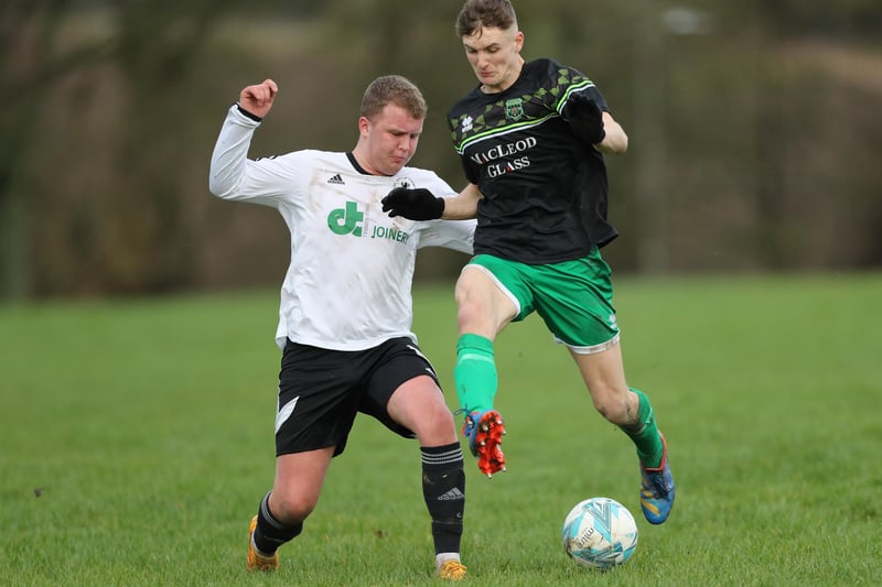 Tyler Smith and Keiran Hayes vying for the ball during Langlee Amateurs 1-0 win away to Hawick Legion in the Border Amateur Football Association's A division on Saturday (Photo: Brian Sutherland)